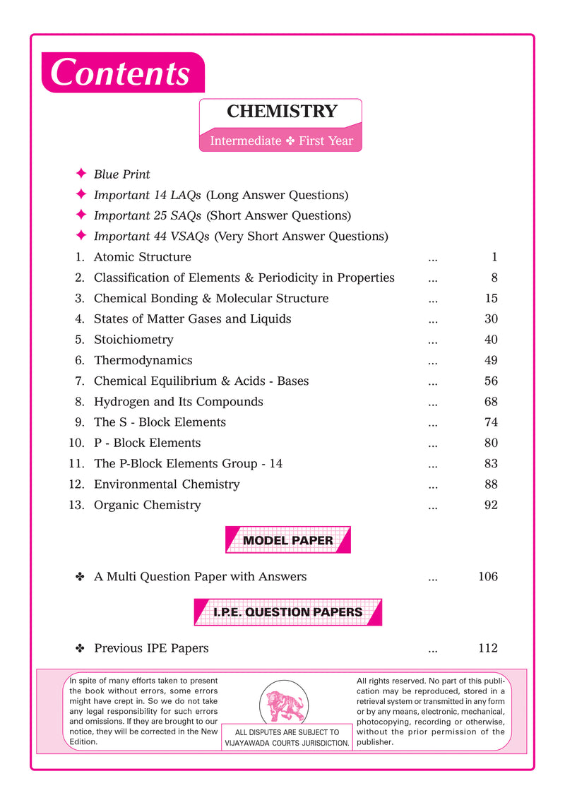 Intermediate  First Year - CHEMISTRY (English Medium) Fast Track - Sample Question Papers with Fast Track Question Bank - Andhra Pradesh & Telangana