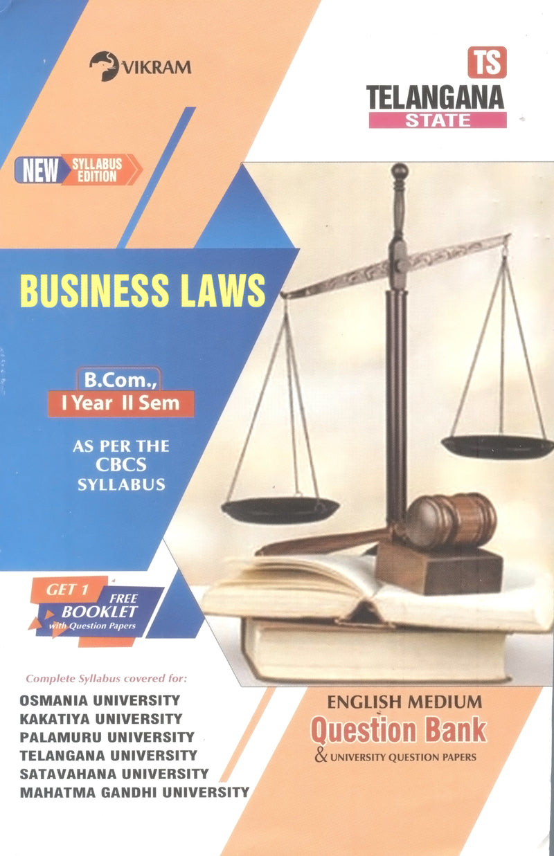 B Com.,  First Year  BUSINESS LAWS (English Medium)  Question Bank - Semester - II : Telangana State Universities - Vikram Books
